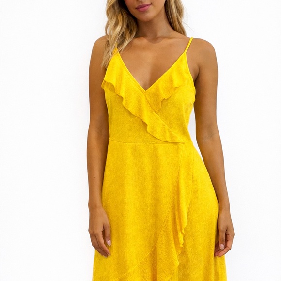 Zara Dresses & Skirts - Yellow Ruffle Wrap Midi Dress – Spaghetti Straps – Size M